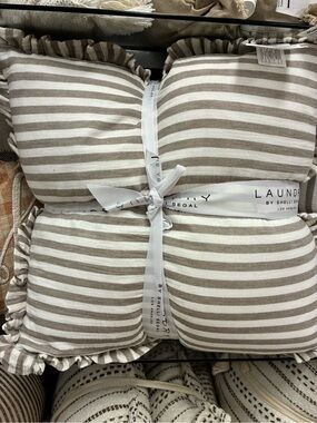 Laundry By Shelli Segal Taupe and White Striped Ruffled Throw Pillow
